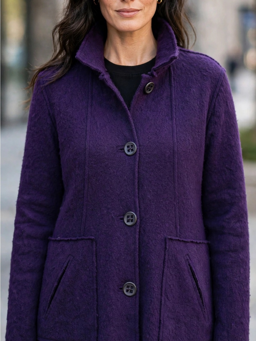 Coldwater Creek Deep Purple Wool-Blend Button Front Pea Coat